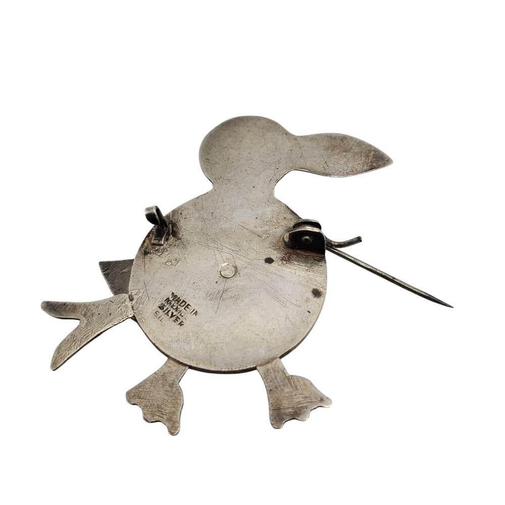 Mexican Sterling Silver Bird Brooch Green Body Whimsical Taxco Folk Art Pin Vtg - Picture 2 of 7